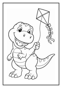 Leuke kleurplaat van een vrolijke T-Rex die een vlieger vasthoudt, geschikt voor peuters.