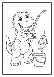 Leuke kleurplaat van een vrolijke T-Rex die vist met een hengel en een vis naast een emmer