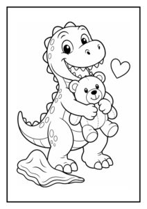 Leuke kleurplaat van een schattige T-Rex dinosaurus die een grote teddybeer vast houdt met een hartje erbij