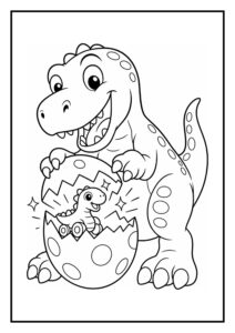 Leuke kleurplaat van een gelukkige T-Rex die een baby dinosaurus uit een verrassingsei houdt.