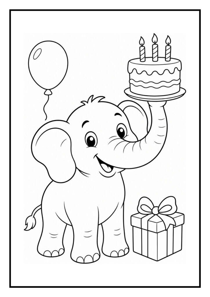 Kleurplaat van een blij olifantje dat een verjaardagstaart met drie kaarsjes vasthoudt, met een ballon en een cadeautje op de achtergrond.