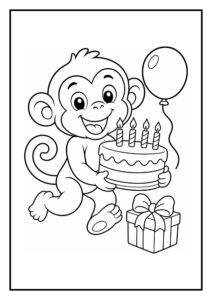 Schattige aap die springt met een grote verjaardagstaart, omringd door een ballon en cadeau kleurplaat voor kinderen