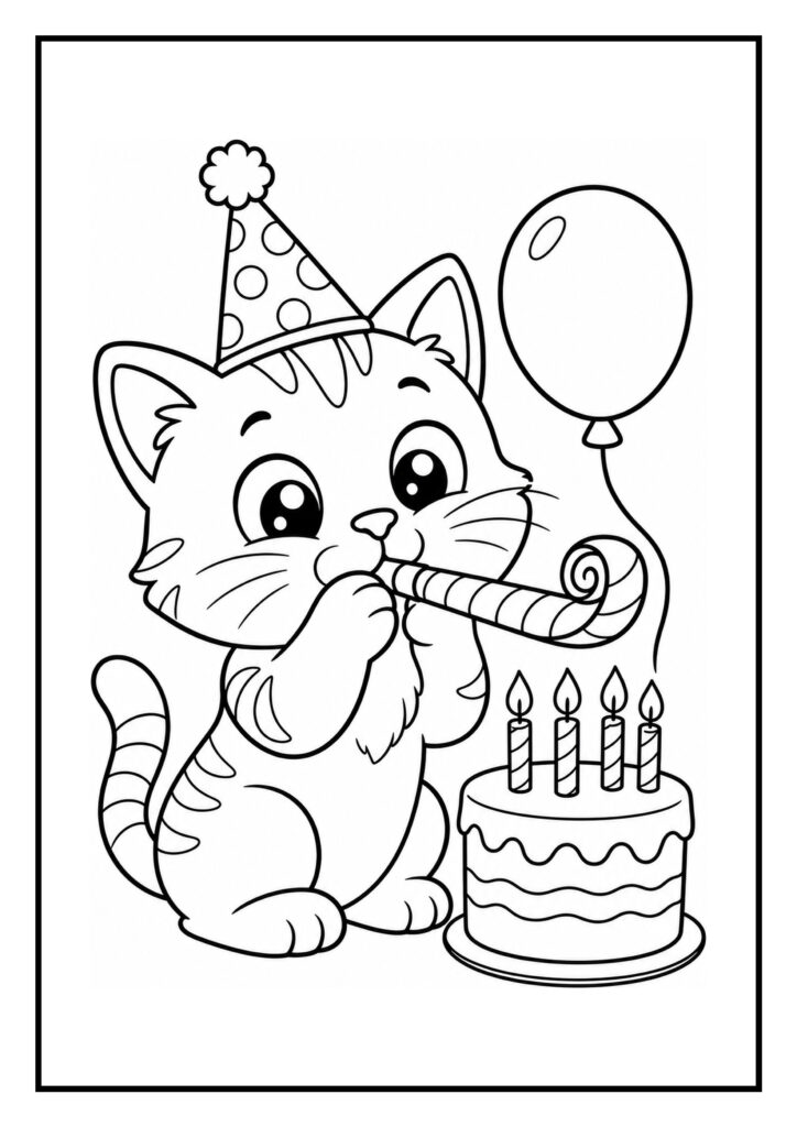 Schattige kleurplaat van een kat met een verjaardagshoed die blaast op een feesttoeter naast een taart met kaarsjes en een ballon.
