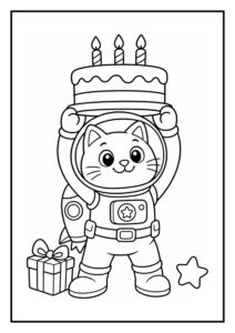 Kleurplaat van een vrolijke astronaut kat die een verjaardagstaart met drie kaarsjes vasthoudt, met een cadeau en een ster naast zich.
