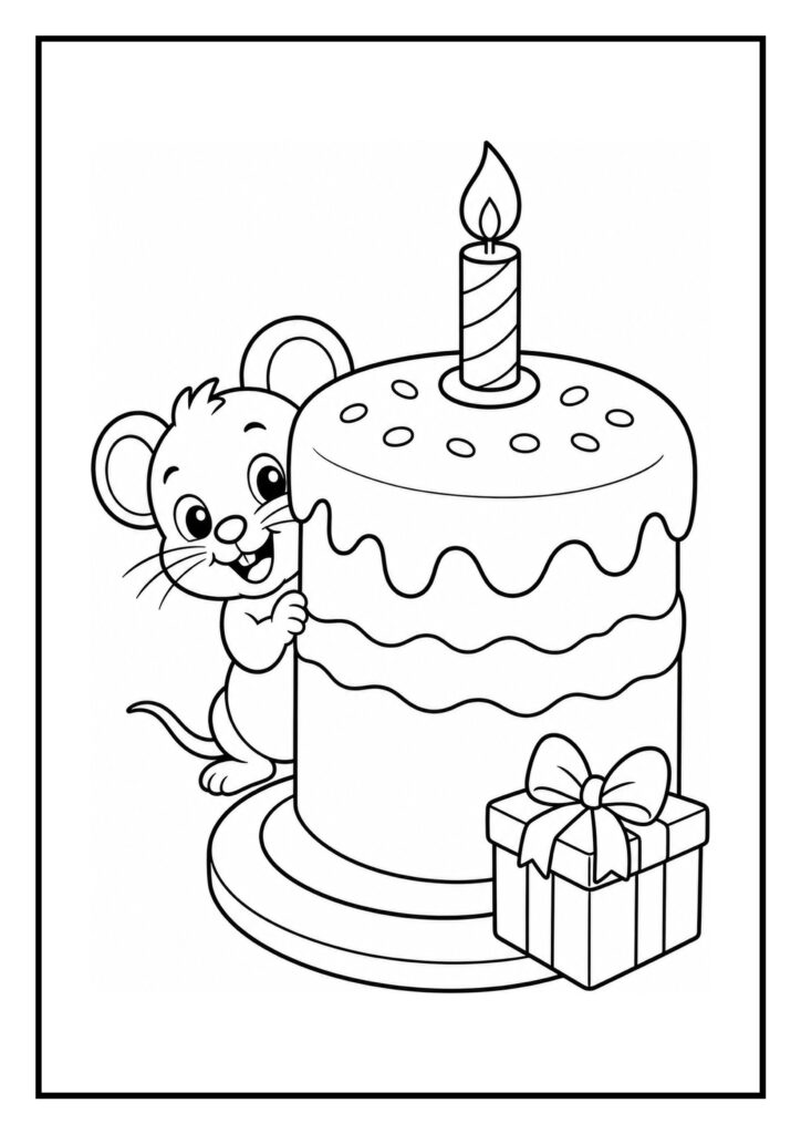 Een schattige muis die verstopt zit achter een verjaardagstaart met een brandende kaars en een cadeautje.