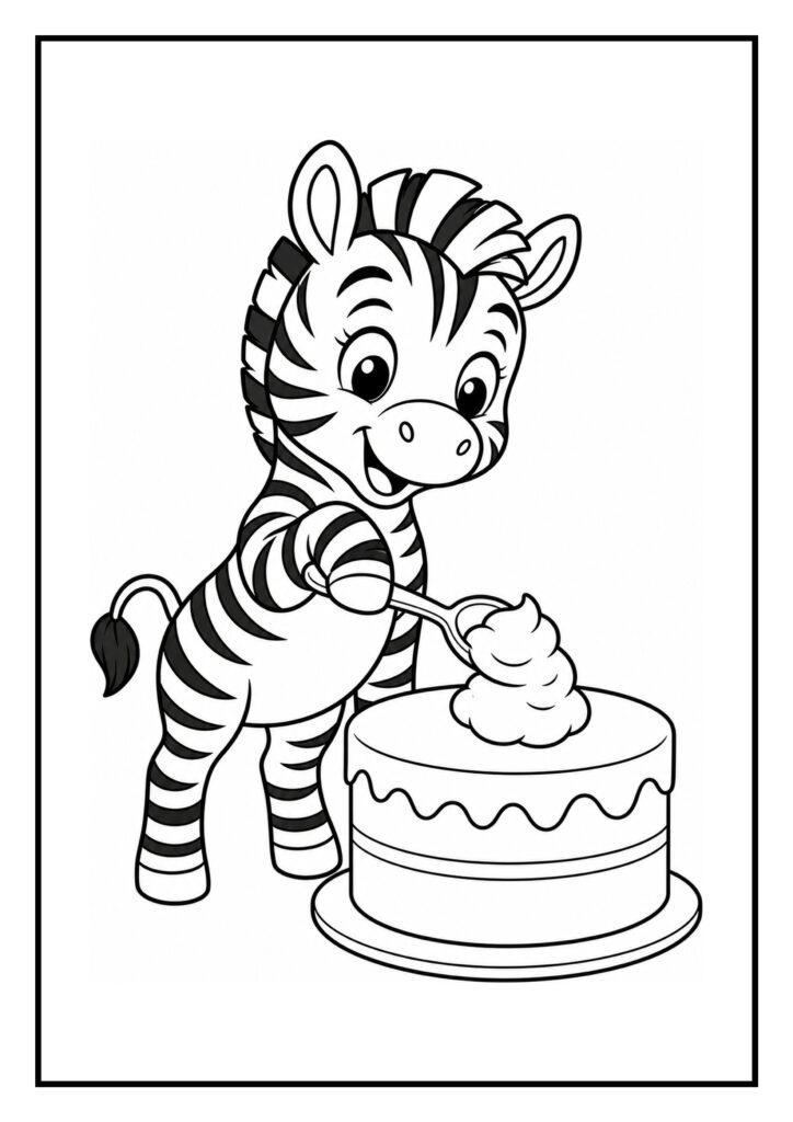 Schattige zebra die vrolijk een verjaardagstaart versiert met slagroom in een kleurplaat.