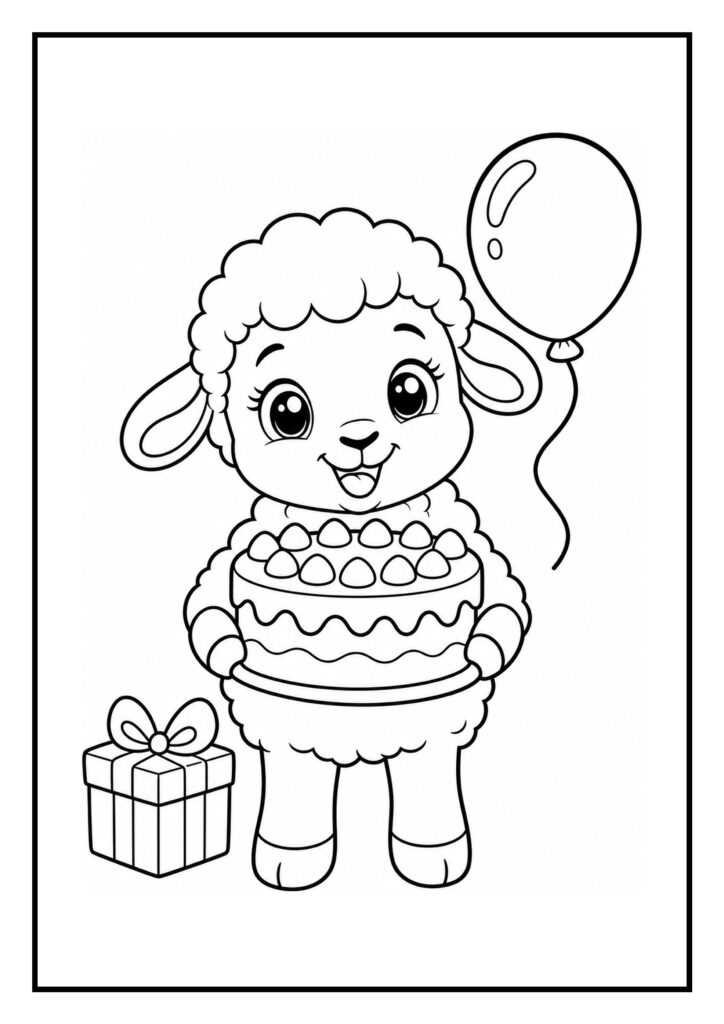 Kleurplaat van een schattig lammetje dat een verjaardagstaart met twee handen vasthoudt, met een ballon en cadeau erbij