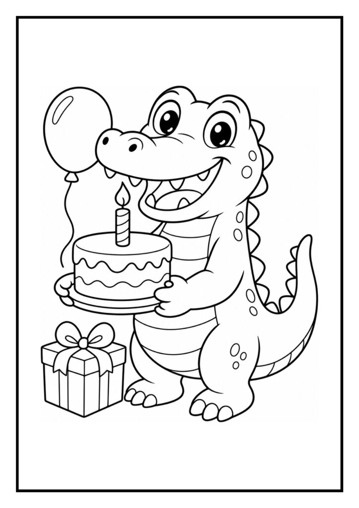 Vrolijke kleurplaat van een schattige onbekende dinosaurus die een verjaardagstaart vasthoudt, met ballon en cadeau