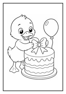 Kleurplaat van een schattige eend die blij een strik op een verjaardagstaart zet met ballon erbij