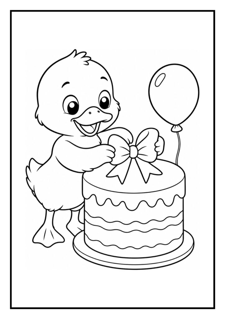 Kleurplaat van een schattige eend die blij een strik op een verjaardagstaart zet met ballon erbij
