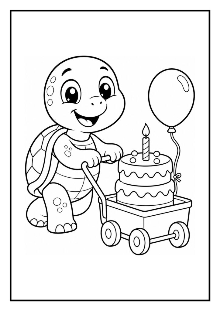 Kleurplaat van een schattige schildpad die een karretje met een verjaardagstaart en ballon duwt.