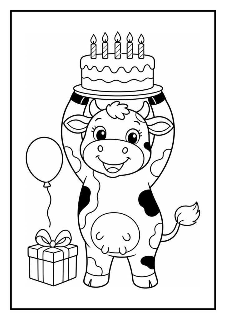 Kleurplaat van een vrolijke koe die een verjaardagstaart met vijf kaarsjes boven haar hoofd houdt, met een cadeau en ballon naast haar.