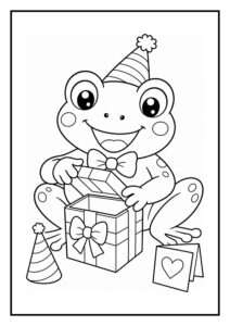Vrolijke kikker in feesthoedje die een cadeaudoos opent met een feestelijke uitstraling