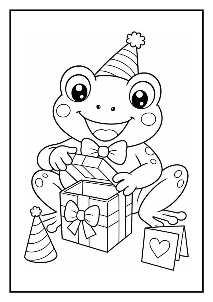 Vrolijke kikker in feesthoedje die een cadeaudoos opent met een feestelijke uitstraling