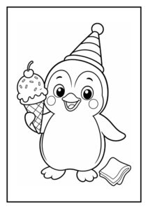 Leuke kleurplaat van een vrolijke pinguïn met feestmuts die een ijsje vasthoudt