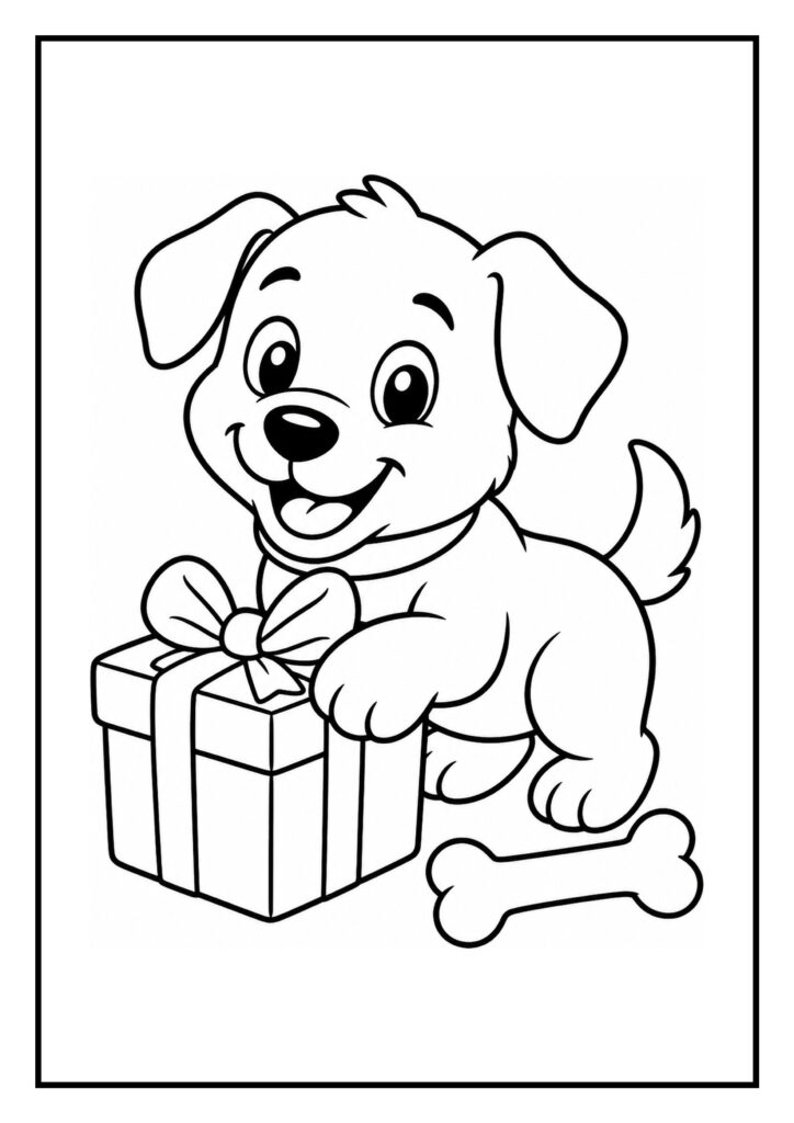 Vrolijke kleurplaat van een schattige puppy die een cadeau vasthoudt met een bot naast zich