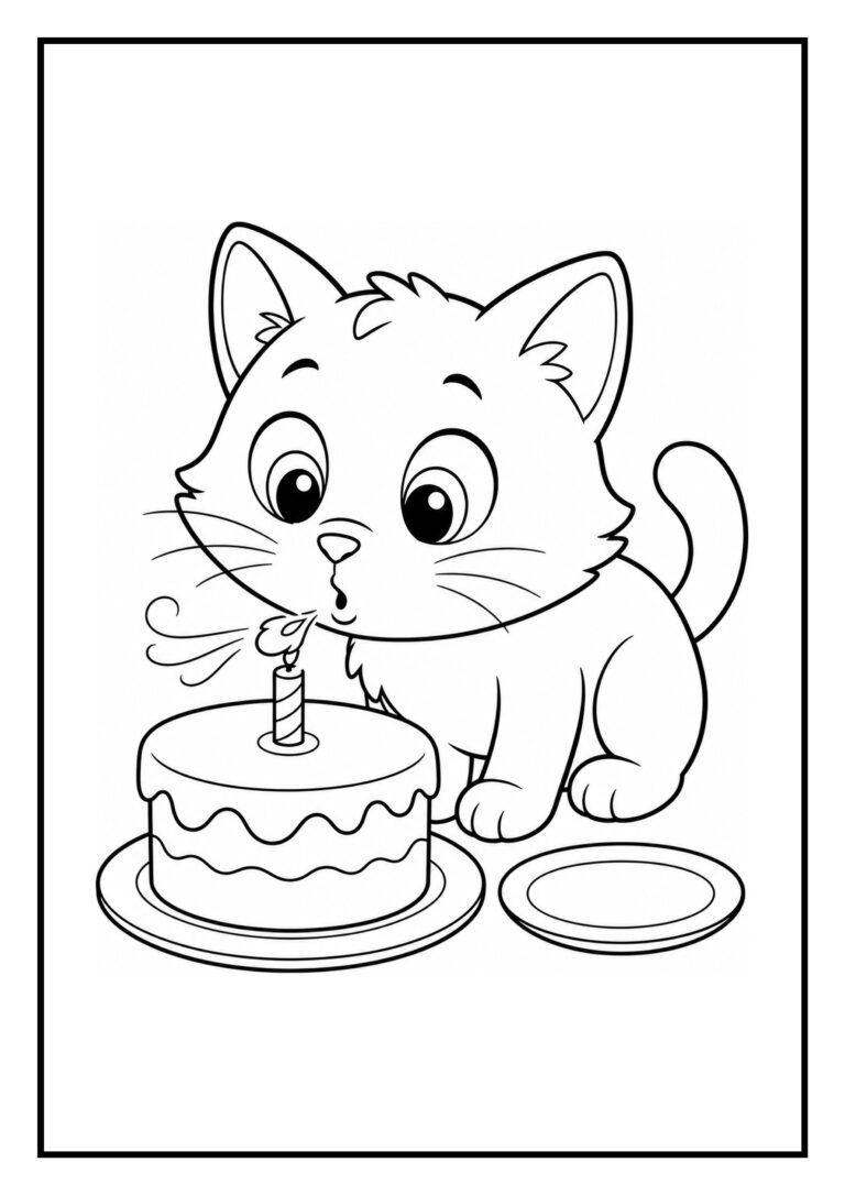 Leuke kleurplaat van een schattige kat die de kaars op een verjaardagstaart uitblaast
