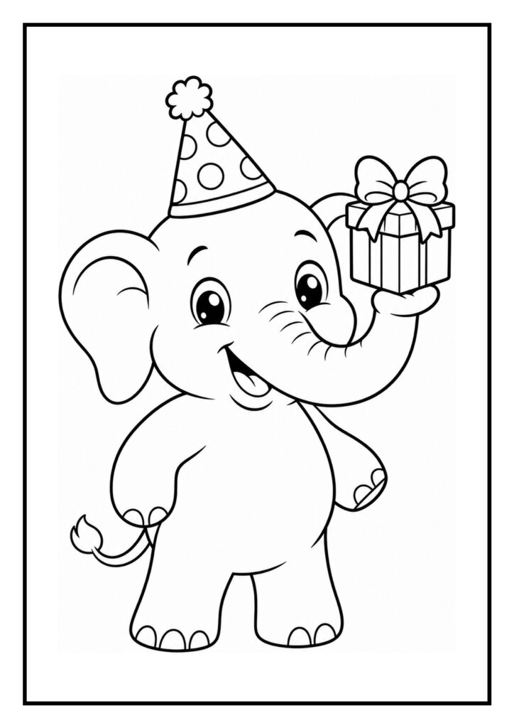 Kleurplaat van een vrolijke olifant met een feesthoed die een cadeau vasthoudt