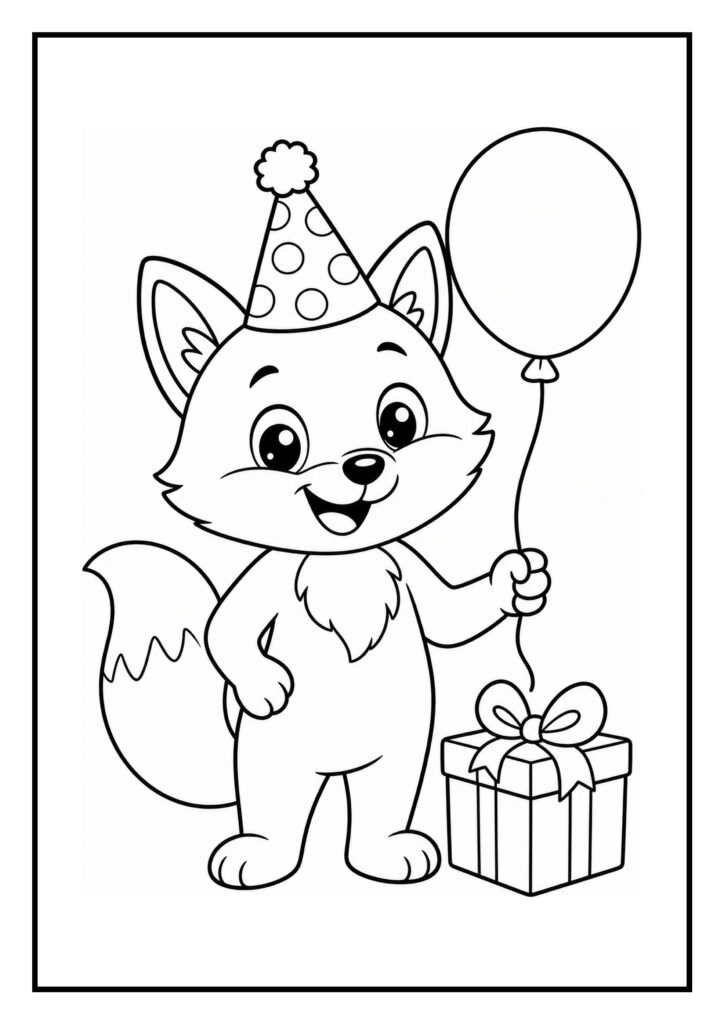 Kleurplaat van een schattige vos met een verjaardagshoedje die een ballon vasthoudt naast een cadeau in een feestelijke setting