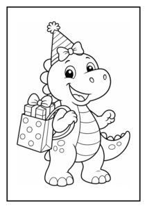 Vrolijke dinosaurus met feestmuts en cadeautas kleurplaat voor kinderen