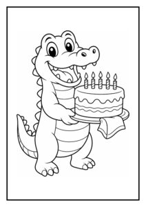 Vrolijke kleurplaat met een schattige onbekende dinosaurus die een verjaardagstaart vasthoudt, geschikt voor kinderen.