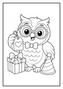 Kleurplaat van een schattige uil met een cadeau en een feesthoed, geschikt voor kinderen.