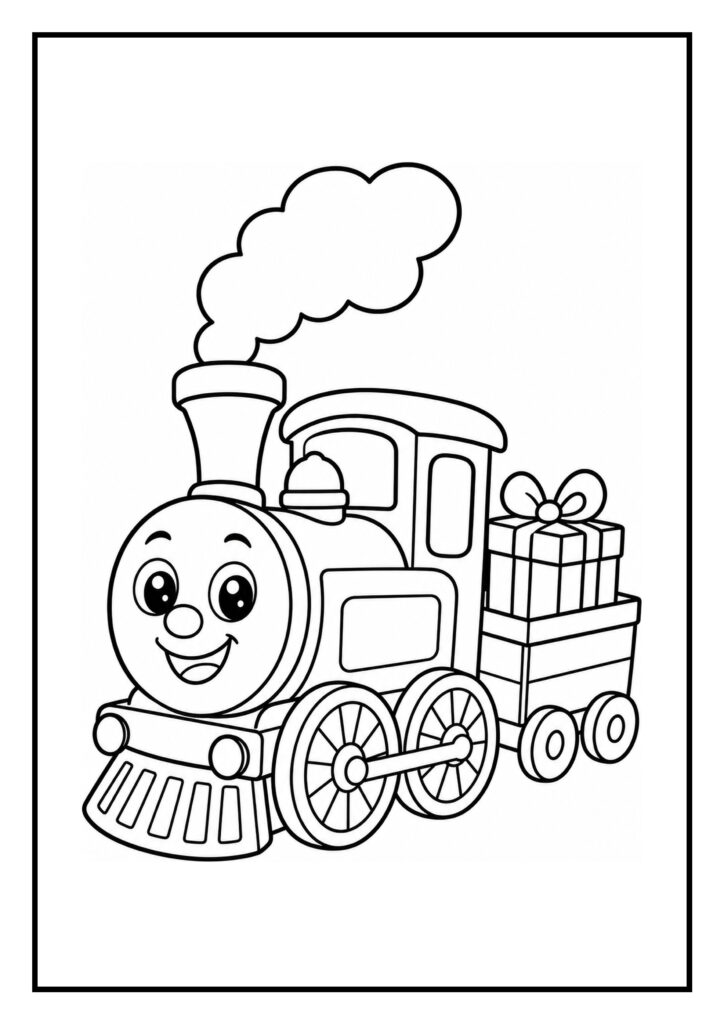 Vrolijke kleurplaat van een schattige stoomlocomotief met rook en een karretje vol cadeautjes