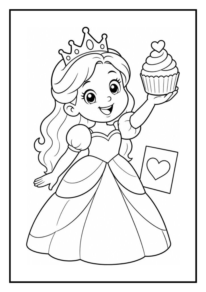 Kleurplaat van een vrolijke prinses met een kroon die een cupcake vasthoudt