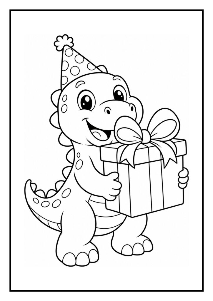 Leuke kleurplaat van een kleine dinosaurus met een feesthoed en een cadeautje in zijn hand, geschikt voor peuters.