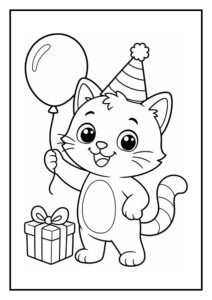 Leuke kleurplaat van een schattige kat met een feestmuts die een ballon vasthoudt en naast een cadeautje staat.