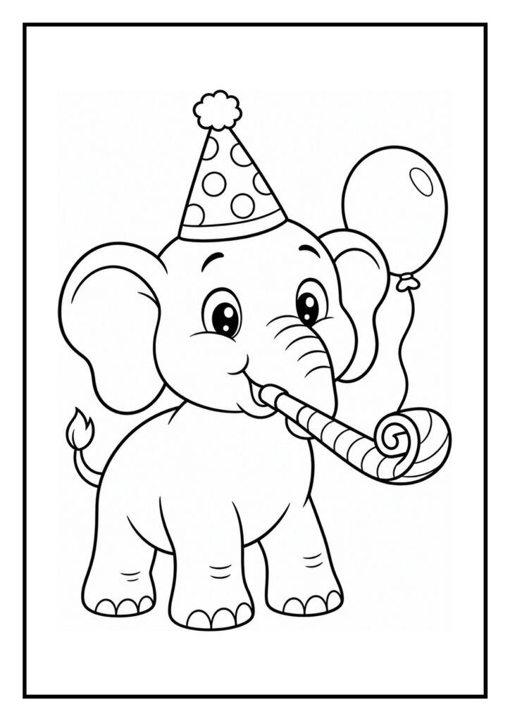 Kleurplaat van een schattig olifantje met een feesthoedje en een feesttoeter die een slinger blaast