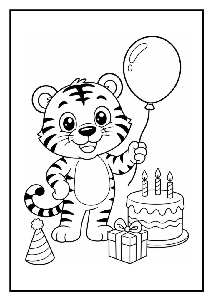 Kleurplaat van een schattige tijger die een ballon vasthoudt naast een verjaardagstaart met kaarsjes en een cadeau.