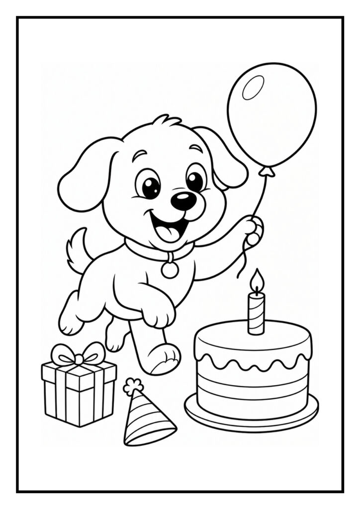 Schattige hond met een ballon, verjaardagstaart, cadeau en feesthoedje kleurplaat