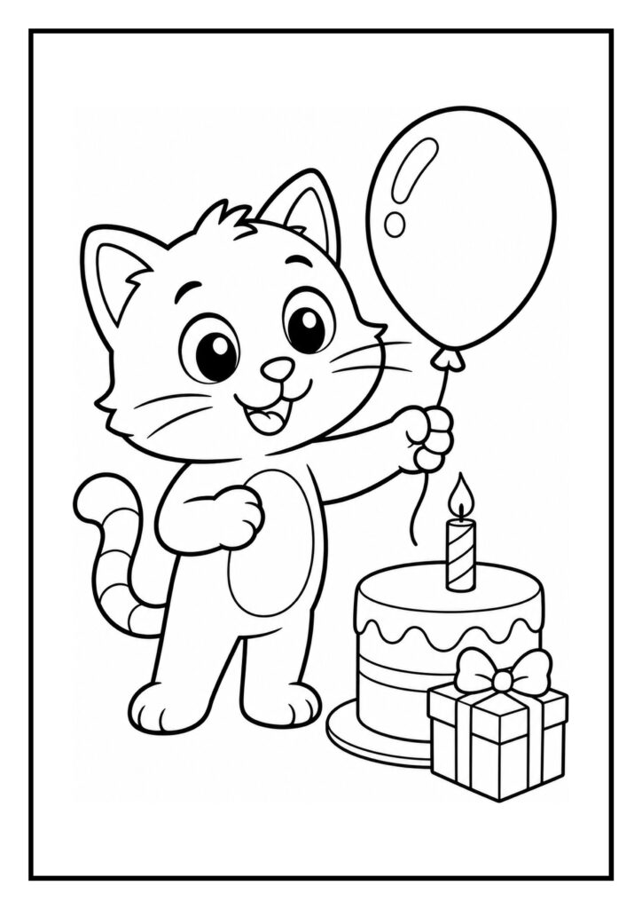 Kleurplaat van een schattige kat die een ballon vasthoudt naast een verjaardagstaart en een cadeau