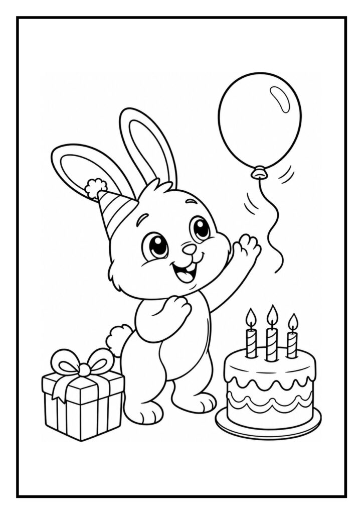 Kleurplaat van een vrolijk konijn met een feesthoedje, een ballon, een verjaardagstaart met kaarsjes en een cadeau.