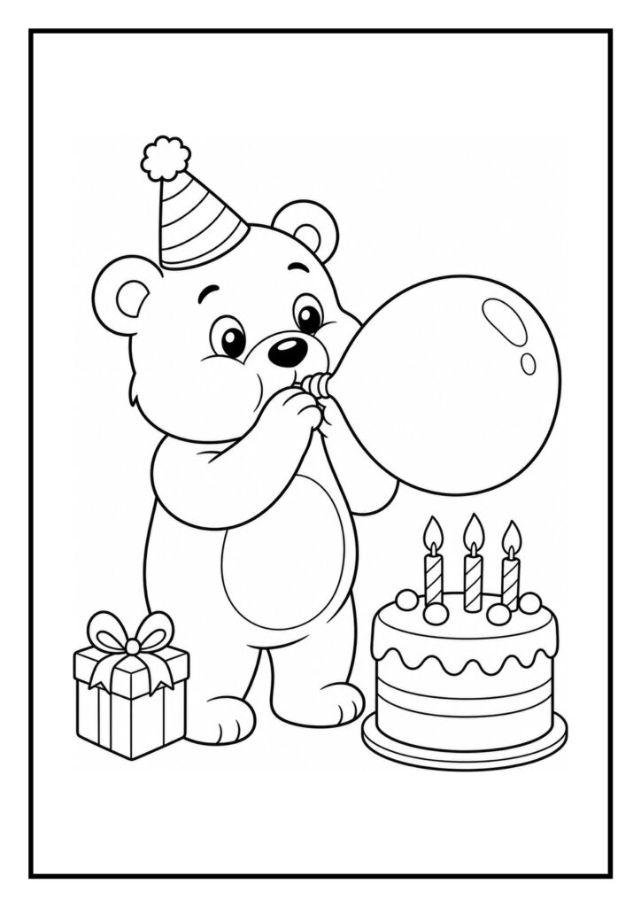 Kleurplaat van een beer met een feestmuts die een ballon opblaast naast een taart met kaarsjes en een cadeau.