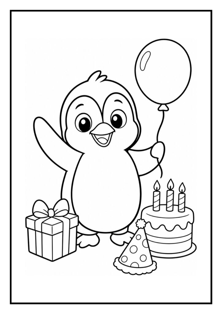 Kleurplaat van een schattige pinguïn die een ballon vasthoudt, omringd door cadeau, feesthoed en een verjaardagstaart met kaarsjes.