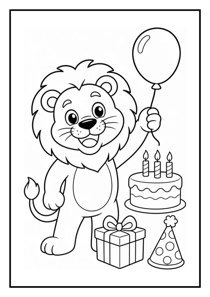 Kleurplaat van een vrolijke leeuw met een ballon, een verjaardagstaart, cadeau en feesthoed