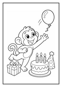 Schattige aap die naar een rode ballon reikt met een verjaardagstaart, cadeau en feesthoed op de voorgrond.