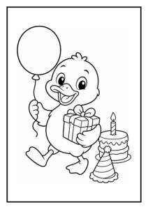 Kleurplaat van een vrolijk eendje met een grote ballon en cadeau naast een verjaardagstaart en feesthoedje