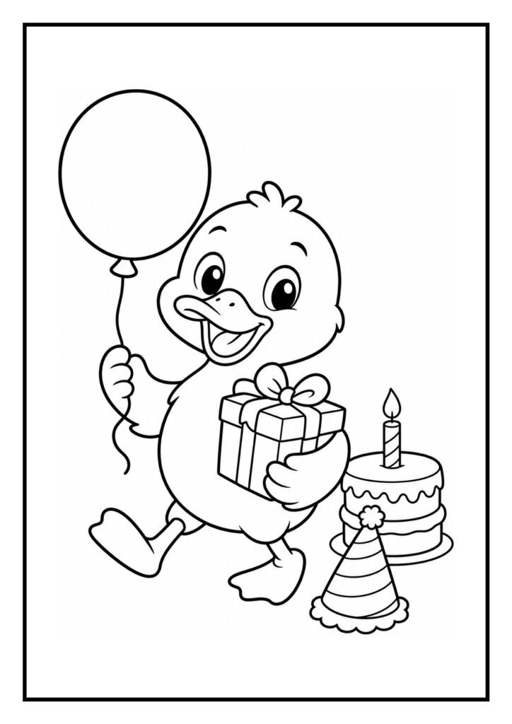 Kleurplaat van een vrolijk eendje met een grote ballon en cadeau naast een verjaardagstaart en feesthoedje