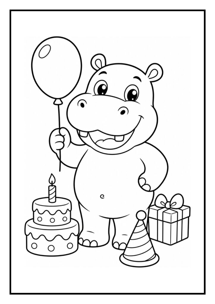Kleurplaat van een schattig nijlpaard met een ballon, verjaardagstaart, cadeau en feesthoed
