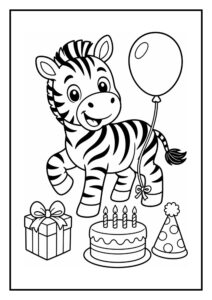 Kleurplaat van een vrolijke zebra met een ballon, verjaardagscake, cadeau en een feesthoed