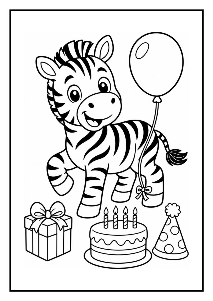 Kleurplaat van een vrolijke zebra met een ballon, verjaardagscake, cadeau en een feesthoed