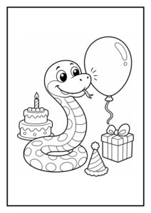 Kleurplaat met een schattige slang die speelt met een ballon en een verjaardagstaart op tafel