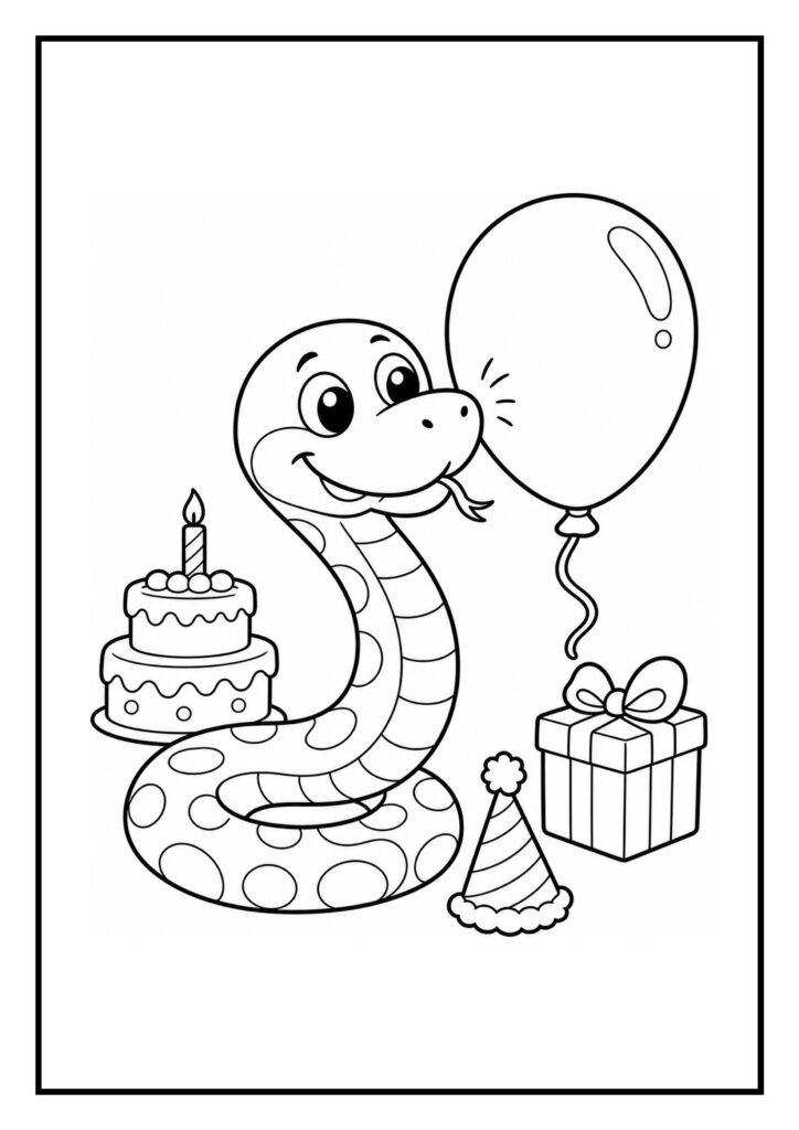 Kleurplaat met een schattige slang die speelt met een ballon en een verjaardagstaart op tafel