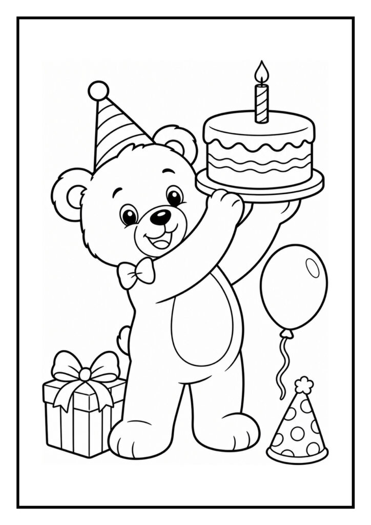 Kleurplaat van een schattig verjaardagsbeertje met een feestmuts die een verjaardagstaart vasthoudt, omringd door een cadeautje, ballon en feesthoedje.