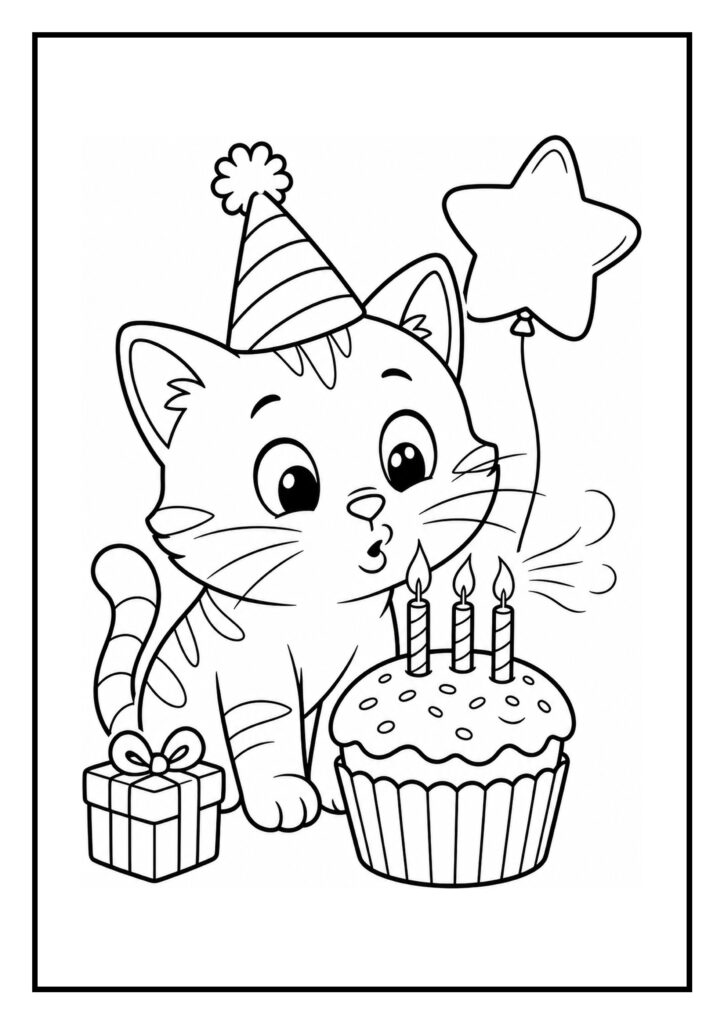Kleurplaat van een kat met feestmuts die drie kaarsjes uitblaast op een verjaardagstaart naast een cadeau en ballon