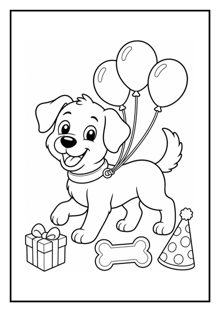 Kleurplaat van een vrolijke hond met ballonnen, een cadeau, een bot en een feesthoed