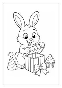 Kleurplaat van een schattig konijn met een feesthoedje dat een cadeau opent, naast een cupcake op tafel